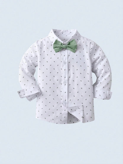 BOARNSEORL 2Pcs/Set Baby Boy Gentleman Suit with Long Sleeve Printed Shirt, Bowtie and Overalls Pants for Birthday, Party, Wedding and More