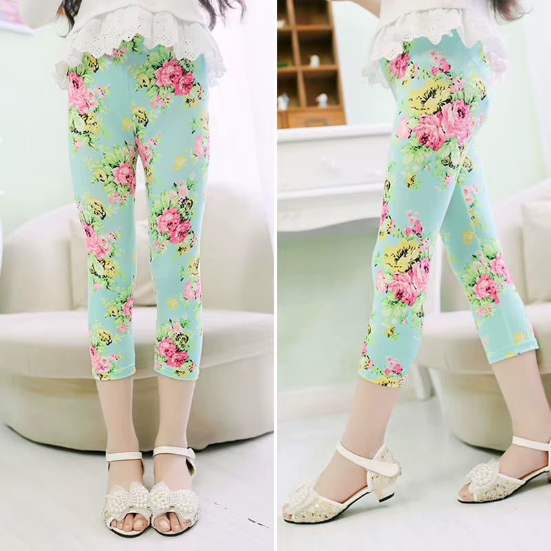 3-10Years Girls Cropped Trousers Floral Print Flower Kids Calf Length Skinny Pants Stretch Leggings Children All-Matches Bottoms