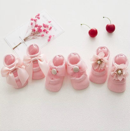 3 Pairs/Lot Lace Flower Newborn Baby Socks Cotton Anti-Slip Kids Floor Socks Bow Toddler Girl Socks Spring Girls Gift Sokken