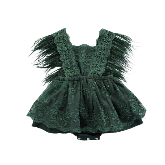 Princess Infant Baby Girls Lace Embroidery Romper Dress Sweet Baby Feathers Fly Sleeve Backless White Jumpsuit Summer Romper