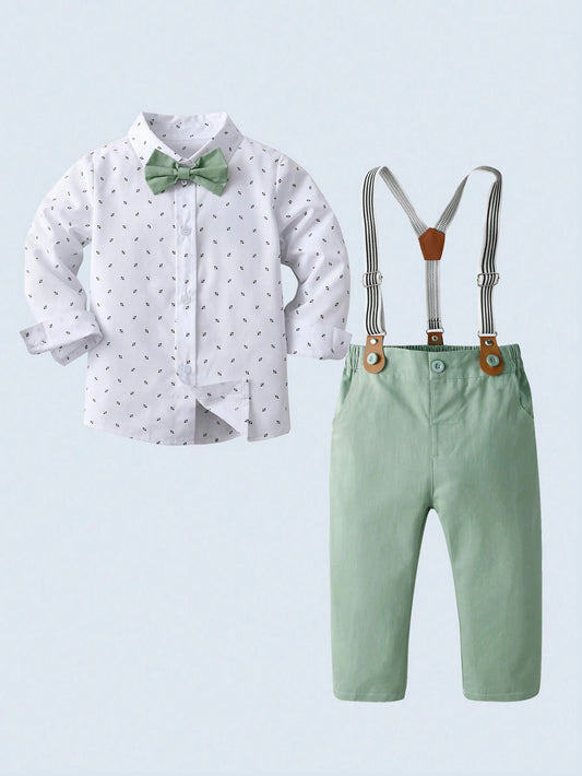 BOARNSEORL 2Pcs/Set Baby Boy Gentleman Suit with Long Sleeve Printed Shirt, Bowtie and Overalls Pants for Birthday, Party, Wedding and More